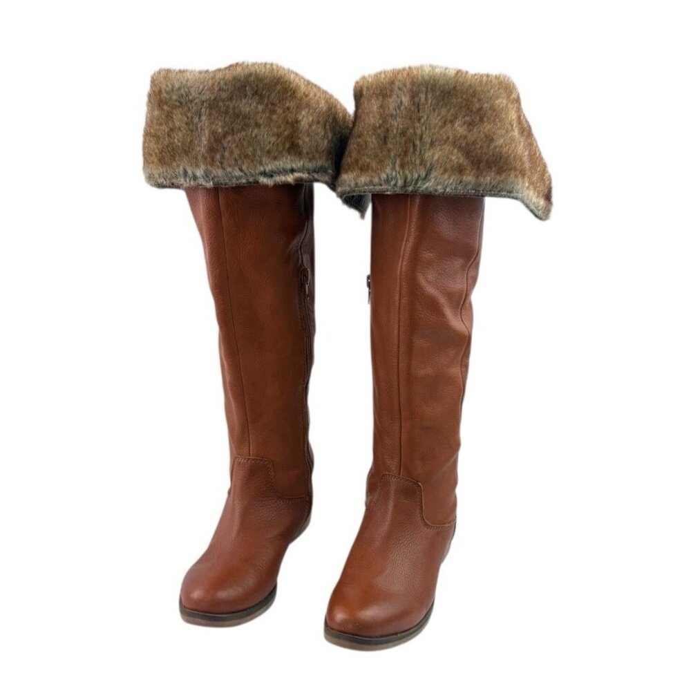*Lucky Brand Generall Boots Womens 7? Brown Leather Tall Faux Fur Foldover Zip